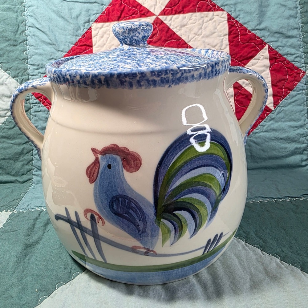 Cookie Jar Kitchenware Large White Blue Rooster Country Farmhouse Crock-Lid Chip